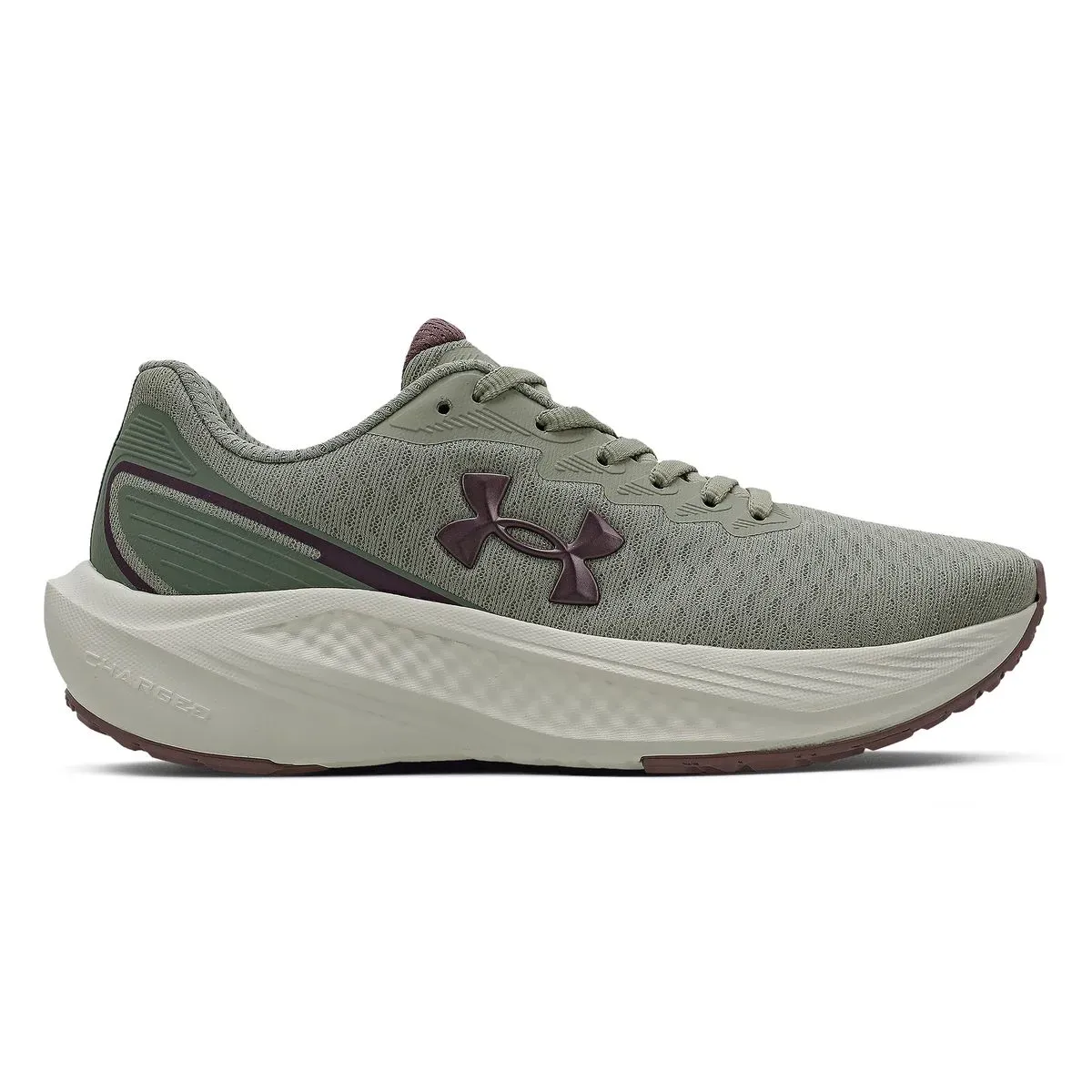 Tênis Under Armour Charged Wing 2 feminino verde, vista lateral em fundo branco, cabedal em mesh e entressola alta creme